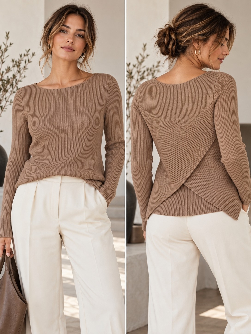 Babaton Kitano Taupe Ribbed Knit Sweater Cross Back Boatneck Quiet Luxury